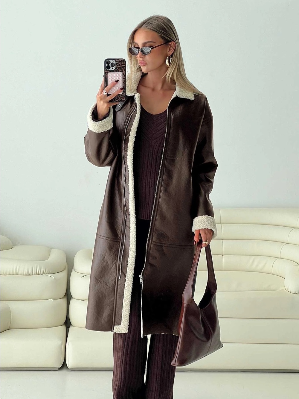 Princess Polly Dark Brown Faux Leather Long Trench with Cream Sherpa Trim